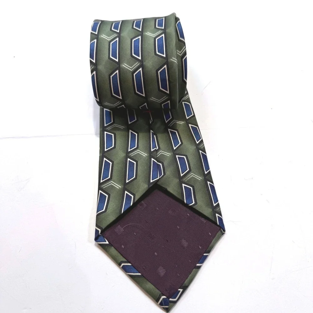 Barrington Mens Silk Tie Olive Green Blue Geometric Trapezoid Made in USA Italy